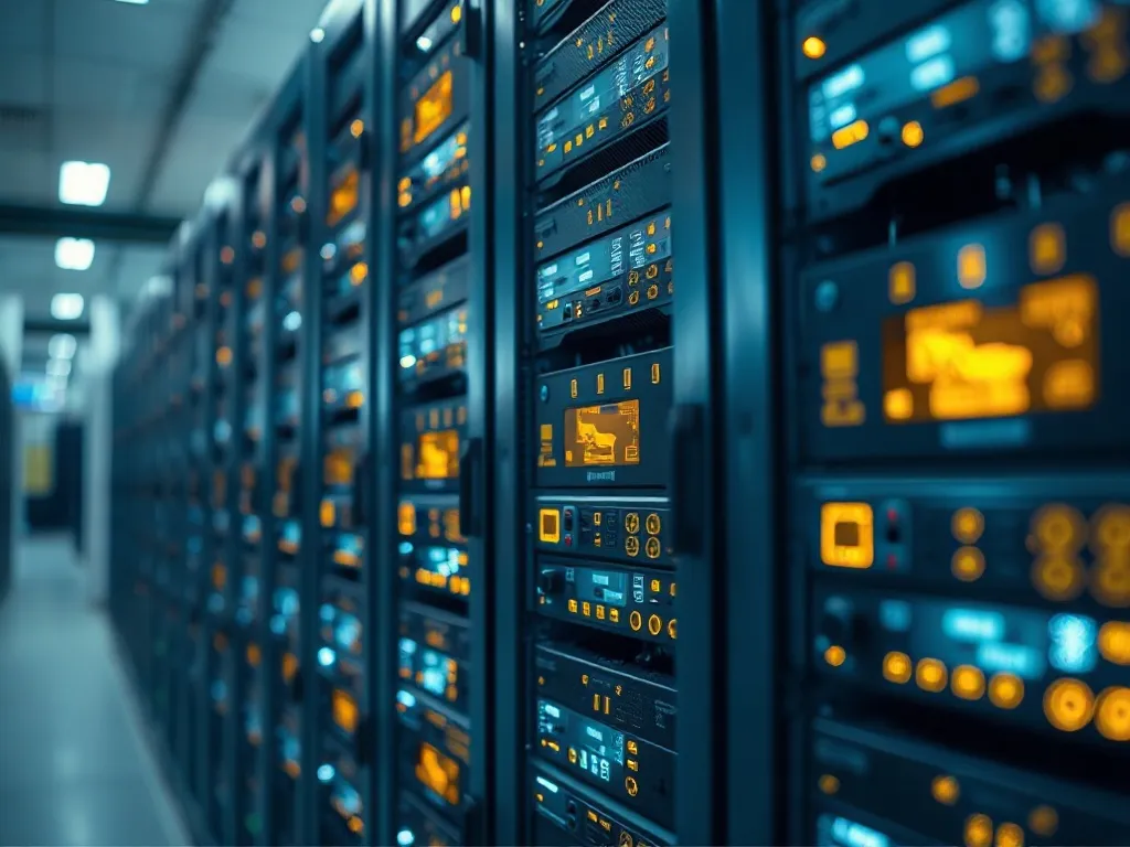 Detailed close-up of a high-tech server rack with glowing go